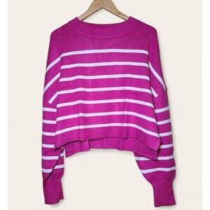 NWT Merokeety Women's Long Sleeve Crew Neck Pink Striped Crop Sweater Size XL